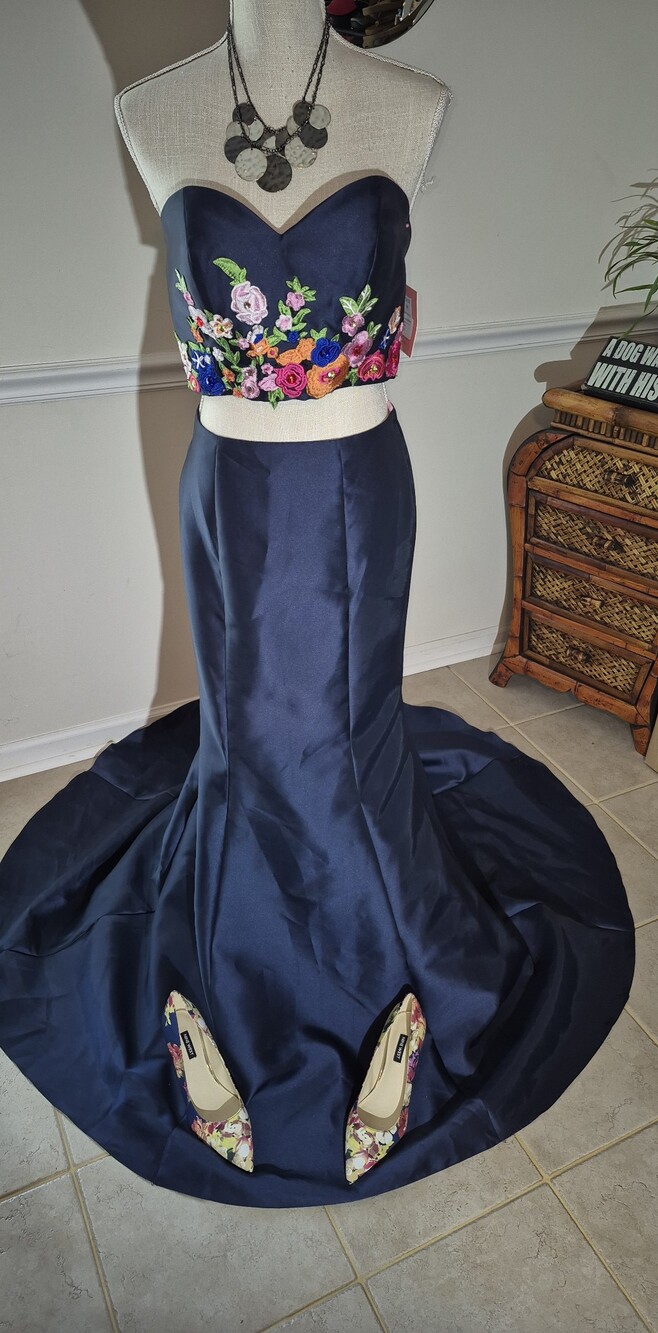 2 Pc. Navy Floral Embroidered Cropped, Strapless Halter Top And Mermaid Skirt